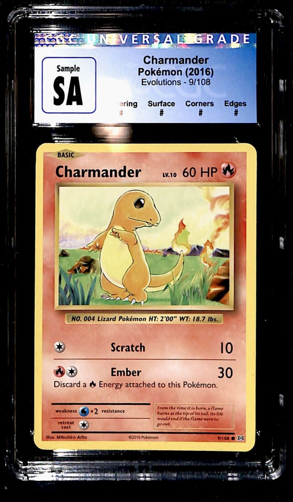 Charmander Evolutions 9/108, CGC Sample SA graded Pokemon Card.