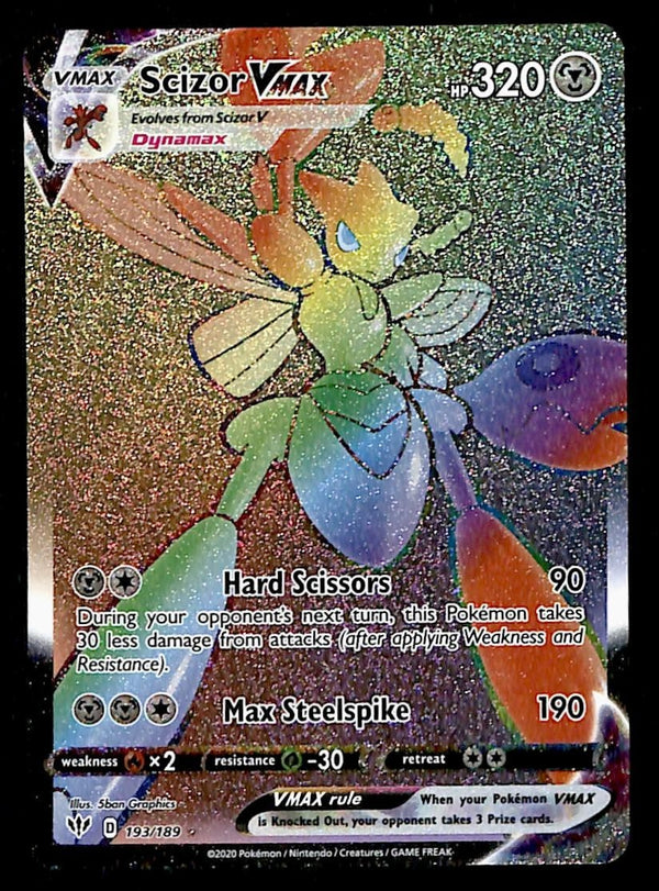 Scizor Vmax Rainbow Rare Darkness Ablaze 193/189, NM Pokemon Card Scizor Vmax Rainbow Rare Darkness Ablaze 193/189, NM Pokemon Card