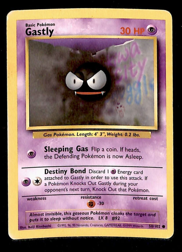 Gastly Base Set 1999 Unlimited Print VG, 50/102 Pokemon Card.