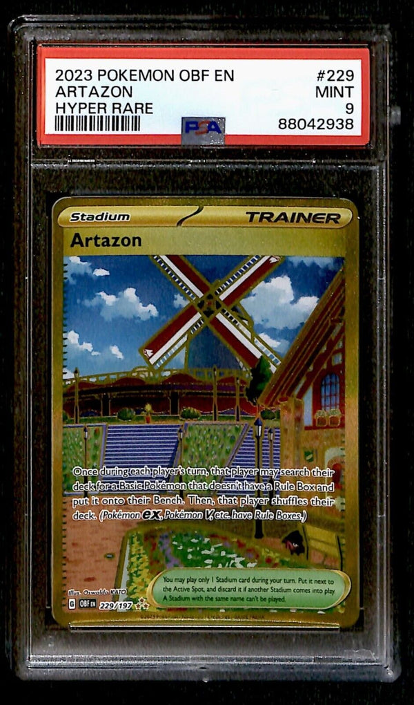 Artazon Gold Card Obsidian Flames PSA 9, 229/197 Pokemon Card.