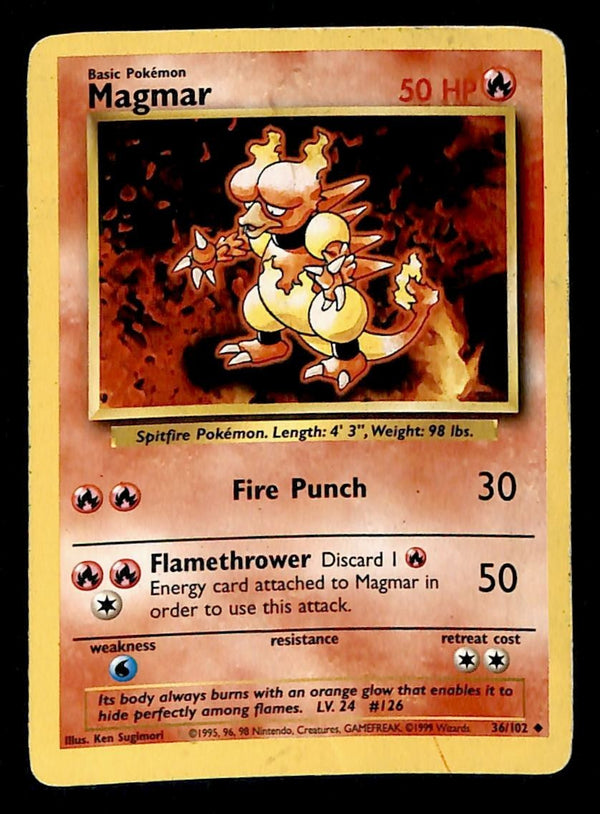 Magmar Base Set 1999 Unlimited VG, 36/102 Pokemon Card.