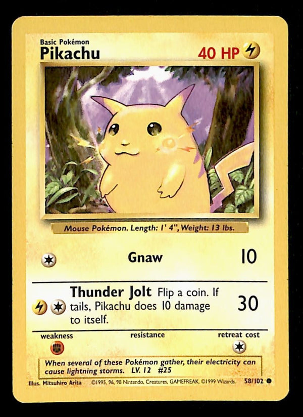 Pikachu Base Set 1999 Unlimited Print LP, 58/102 Pokemon Card.