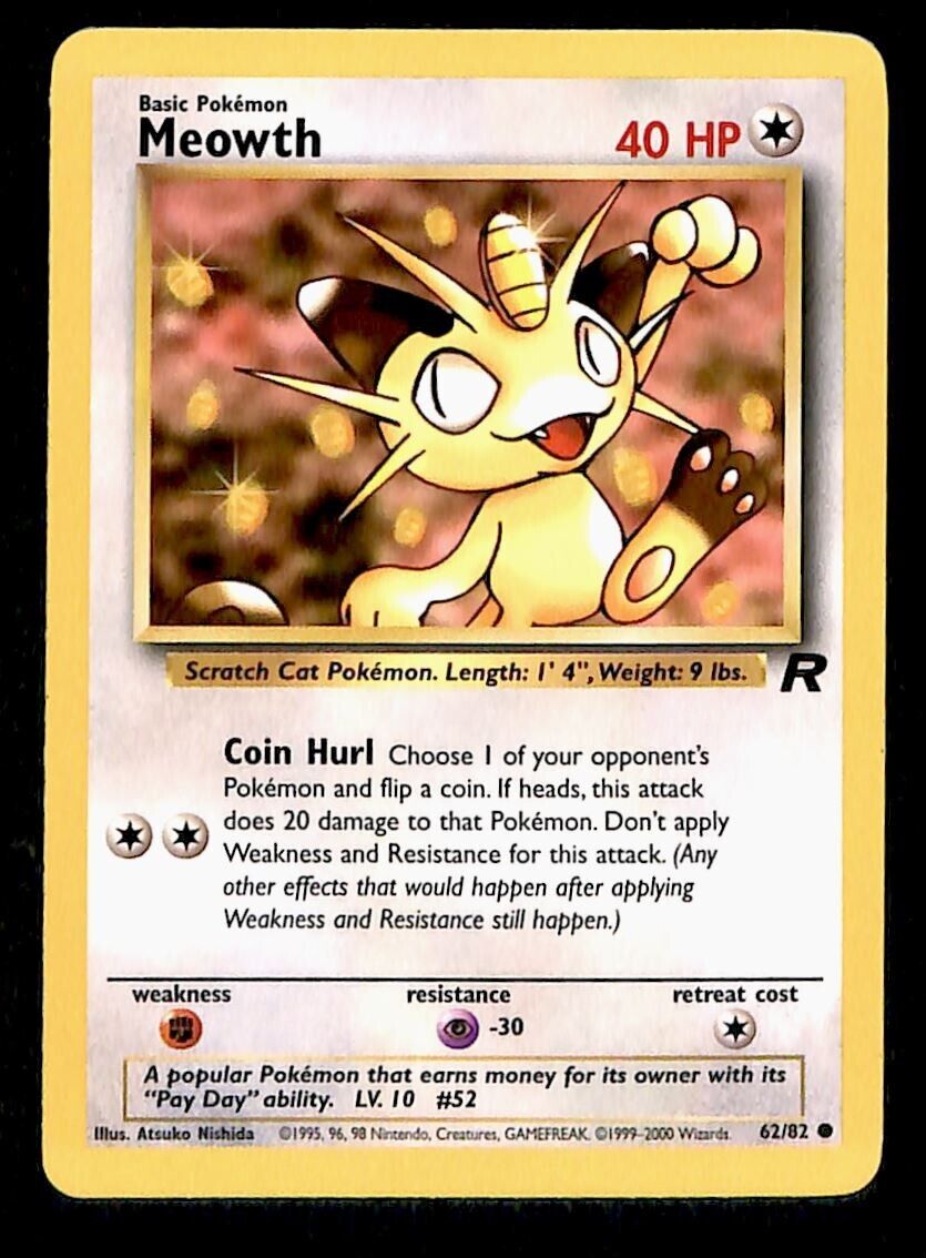 Meowth Team Rocket NM, 62/82 Pokemon Card.