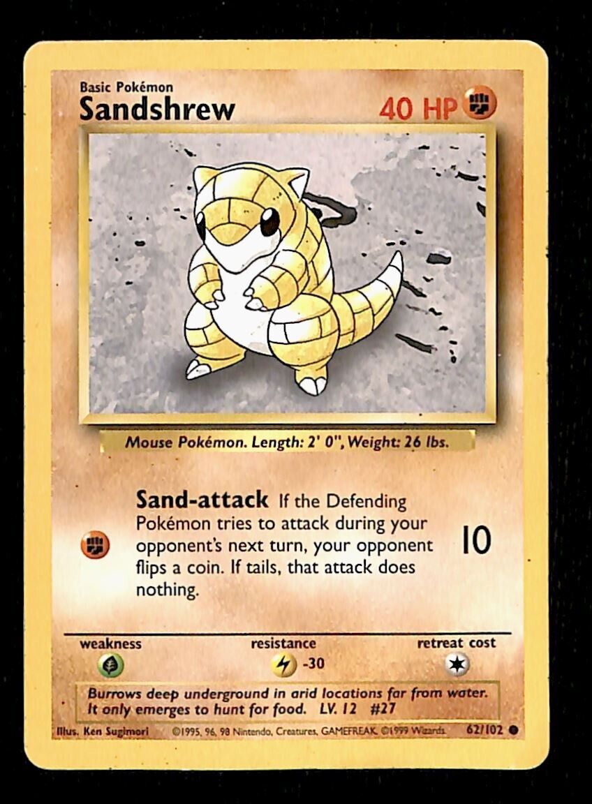 Sandshrew Base Set 1999 Unlimited Print EX, 62/102 Pokemon Card.