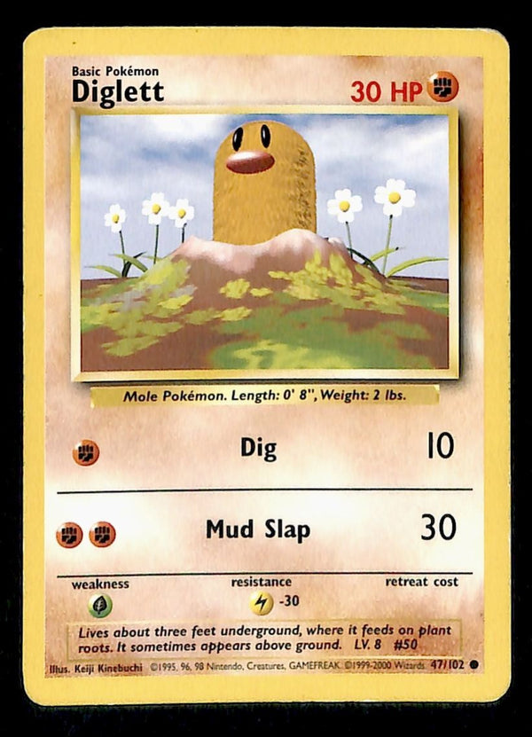 Diglett Base Set 1999-2000 4th Print LP, 47/102 Pokemon Card.
