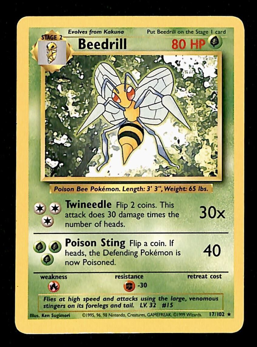 Beedrill Base Set 1999 Unlimited Print EX, 17/102 Pokemon Card.