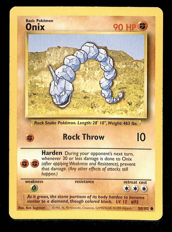 Onix Base Set 1999 Unlimited Print LP, 56/102 Pokemon Card.