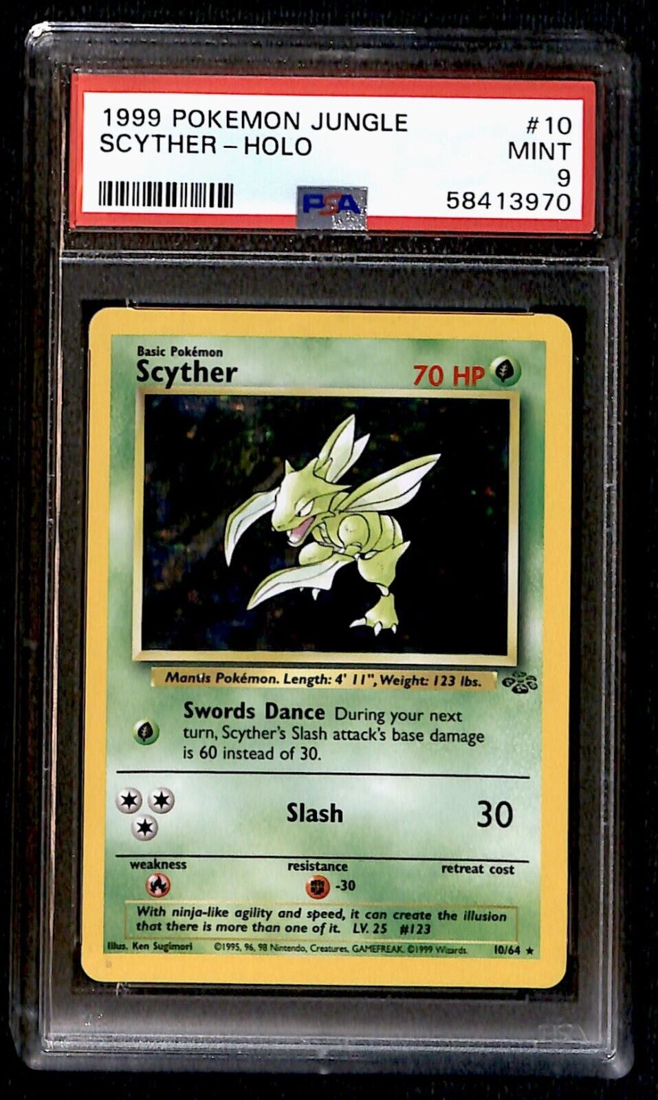 Scyther Holo Jungle PSA 9, 10/64 Pokemon Card.