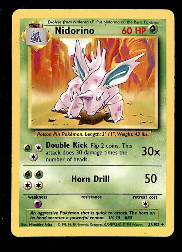 Nidorino Base Set 1999 Unlimited Print VG, 37/102 Pokemon Card.