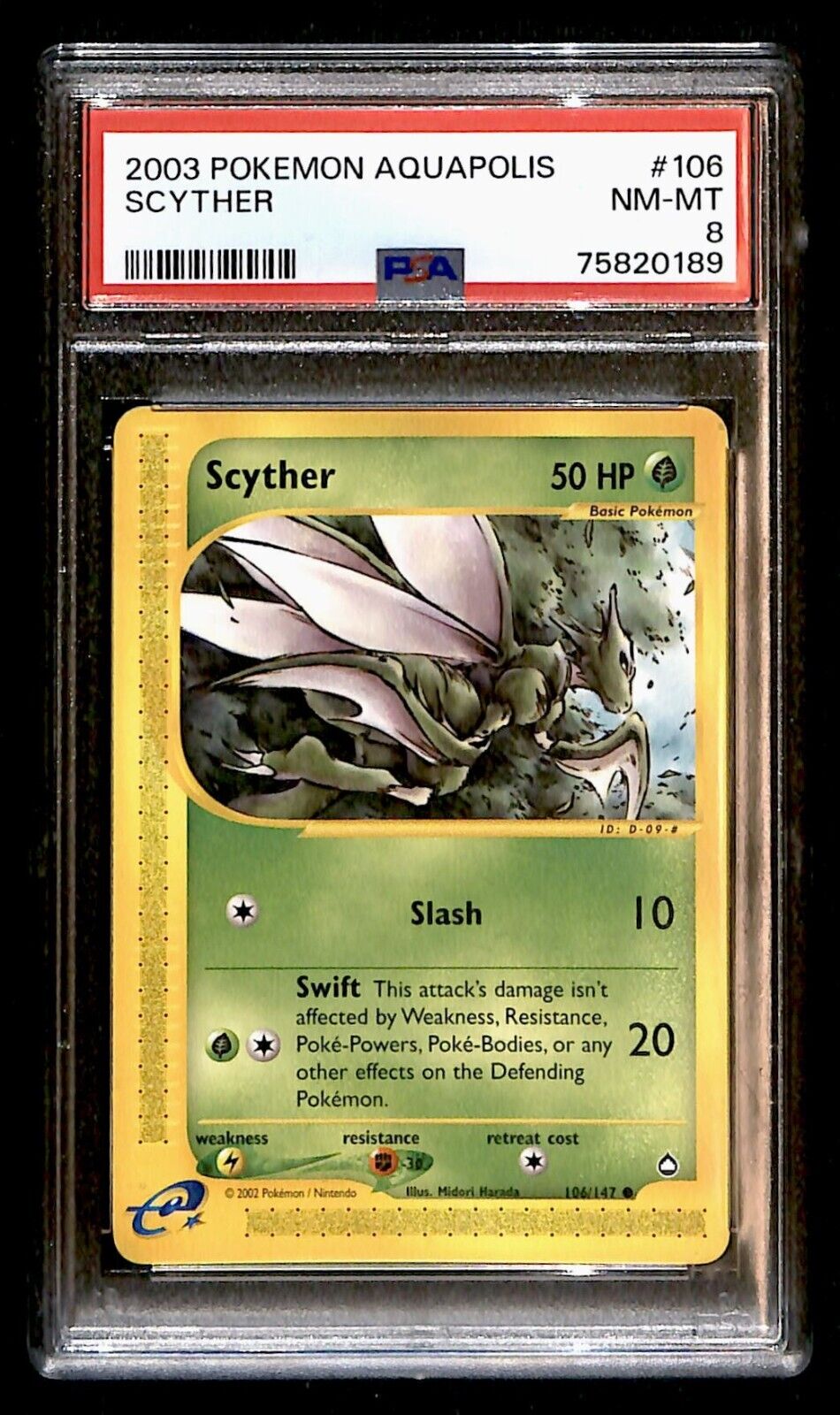 Scyther Aquapolis PSA 8, 106/147 Pokemon Card.