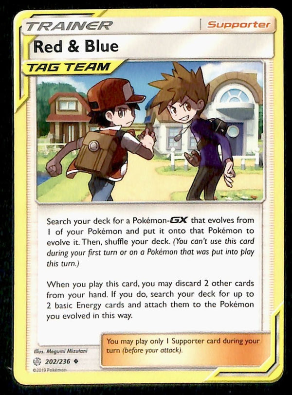 Red & Blue Trainer Tag Team Common Unified Minds 202/236, NM Pokemon Card
