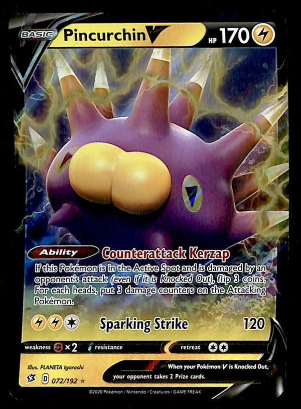 Pincurchin V Ultra Rare Rebel Clash 072/192, NM Pokemon Card Pincurchin V Ultra Rare Rebel Clash 072/192, NM Pokemon Card
