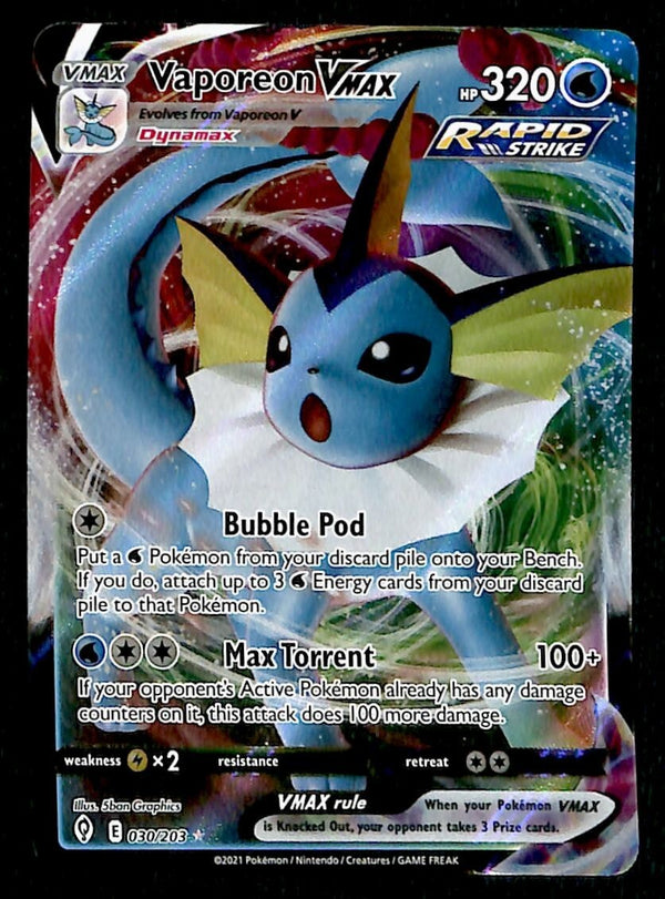 Vaporeon Vmax Ultra Rare Evolving Skies 030/203, NM Pokemon Card Vaporeon Vmax Ultra Rare Evolving Skies 030/203, NM Pokemon Card