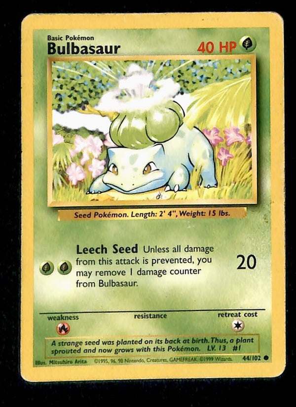 Bulbasaur Base Set 1999 Unlimited Print VG, 44/102 Pokemon Card.