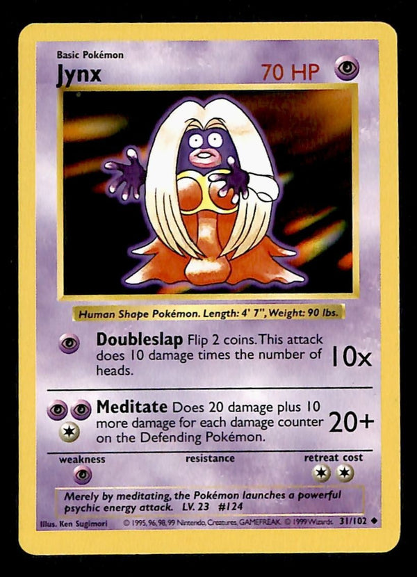 Jynx Base Set Shadowless 1999 Unlimited Print VG, 31/102 Pokemon Card.