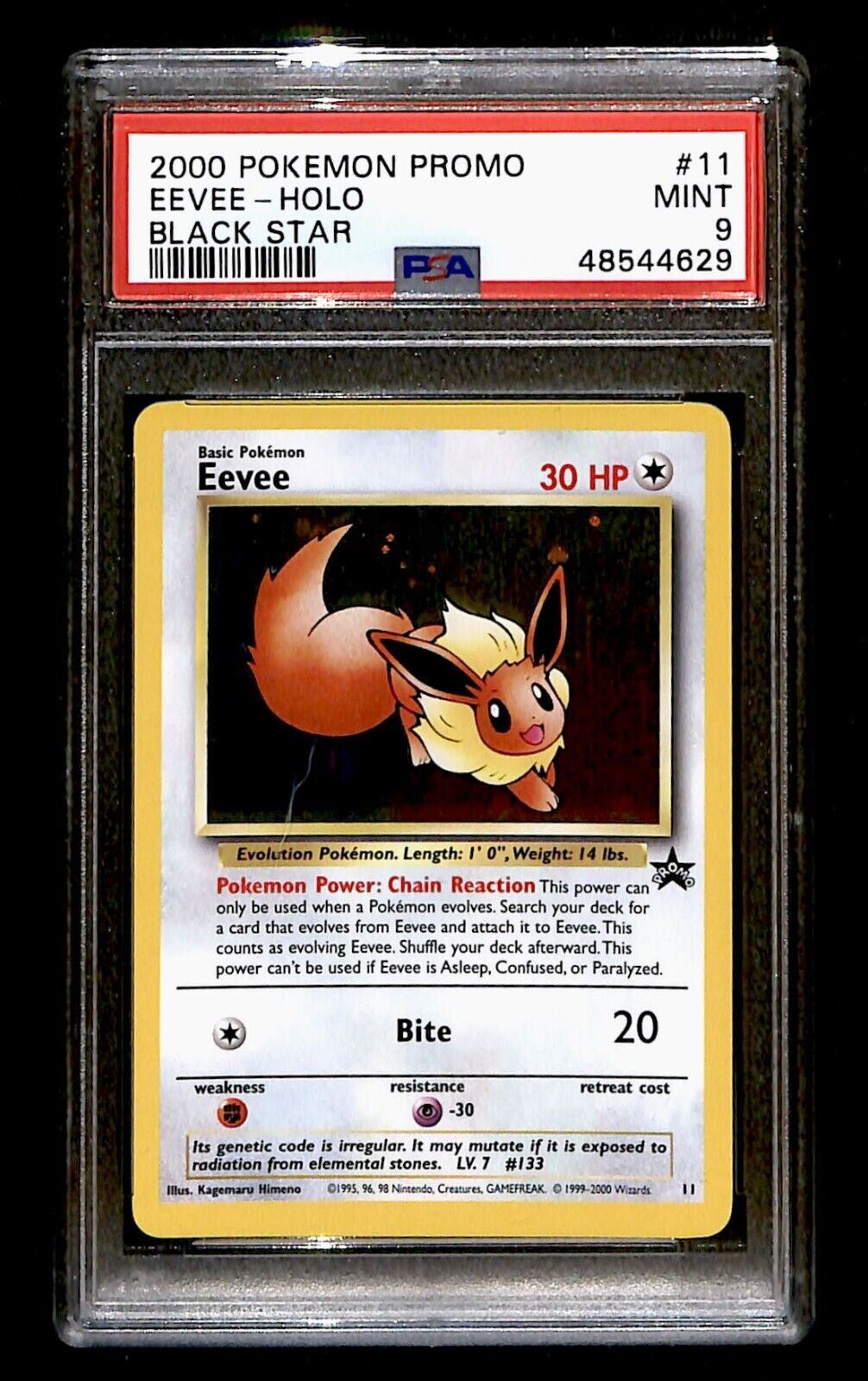 Eevee Holo Black Star Promo 11, PSA 9 Pokemon Card.