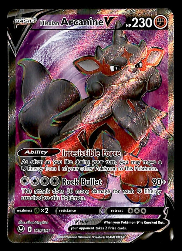Hisuian Arcanine V Full Art Silver Tempest 179/195, NM Pokemon Card