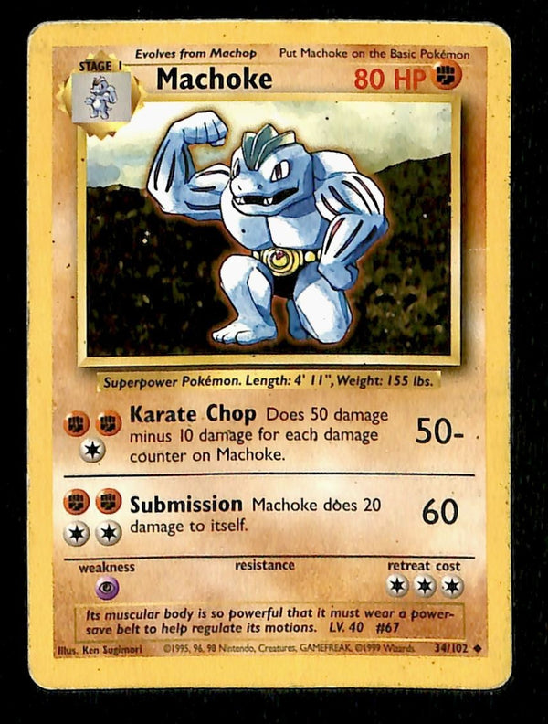 Machoke Base Set 1999 Unlimited Print VG, 34/102 Pokemon Card.