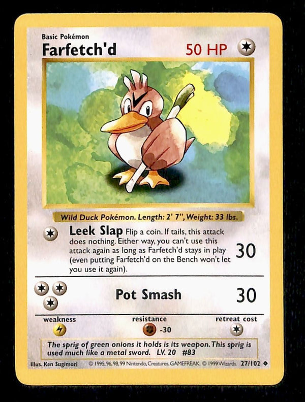 Farfetch'd Base Set Shadowless 1999 Unlimited Print EX, 27/102 Pokemon Card.