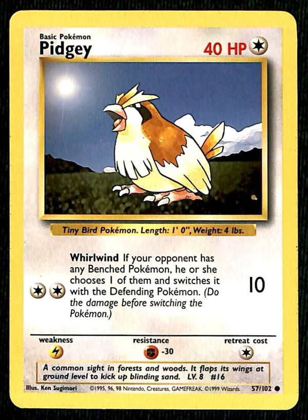 Pidgey Base Set 1999 Unlimited Print EX, 57/102 Pokemon Card.