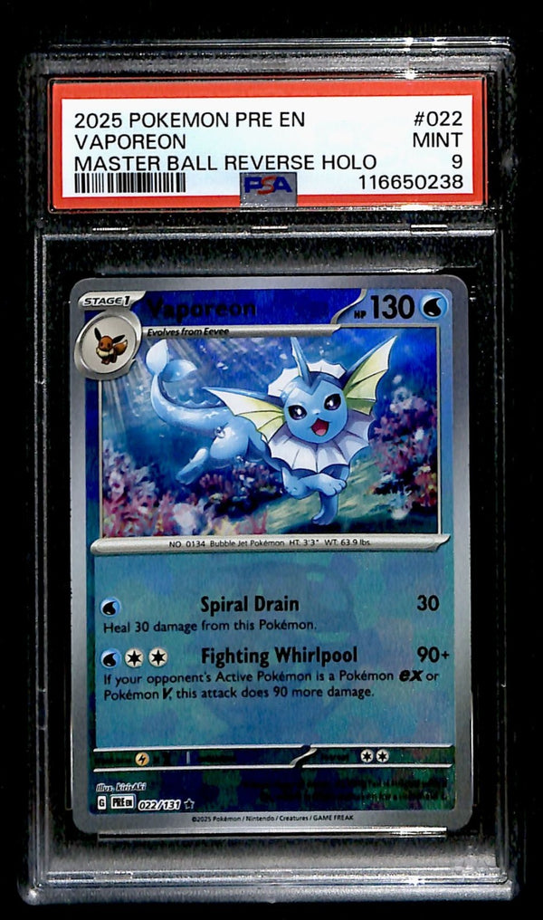 Vaporeon Masterball Reverse Prismatic Evolutions 022/131, PSA 9 Pokemon Card