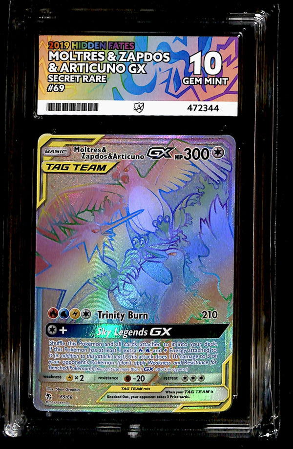 Moltres & Zapdos & Articuno GX Hidden Fates 69/68, ACE 10 Pokemon Card