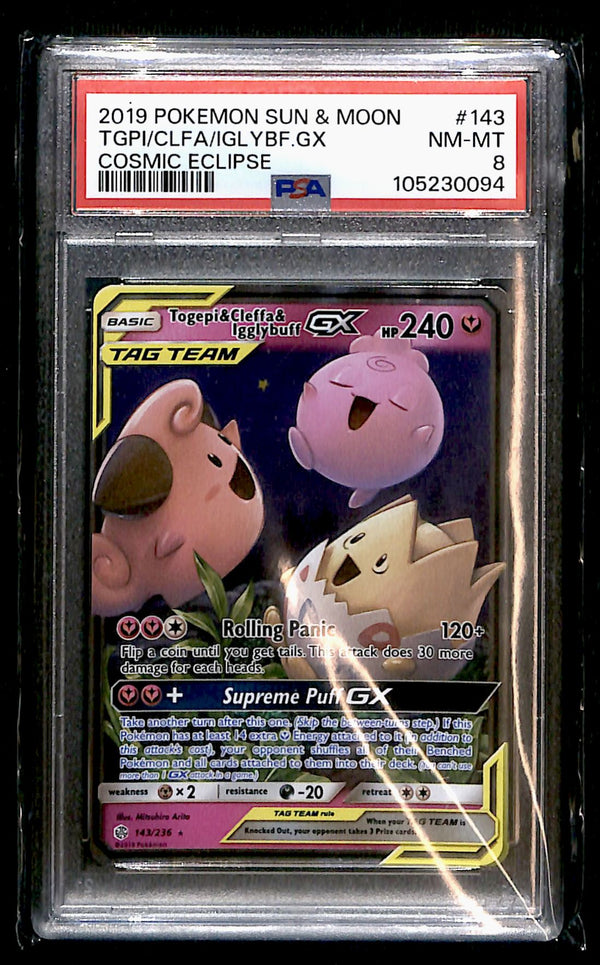Togepi & Cleffa & Igglybuff Cosmic Eclipse 143/236, PSA 8 Pokemon Card